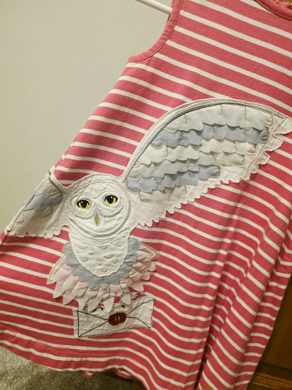 Mini Boden Pink & White Striped Owl Appliqué Dress